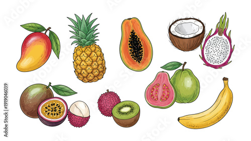 Tropical Fruit Medley: A vibrant assortment of tropical fruits, bursting with color and flavor, inviting a sensory journey to exotic locales, showcasing nature's sweet bounty.