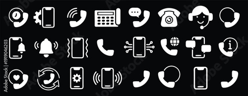 White contact and communication icons set on black background. Phone, headset, chat, email and support symbols in flat solid style collection. Modern customer service vector elements for web and app d