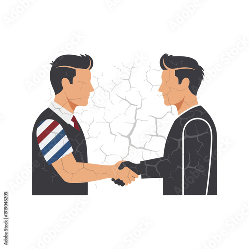 Two businessmen shaking hands across a cracked wall, symbolizing fragile agreement or conflict resolution.