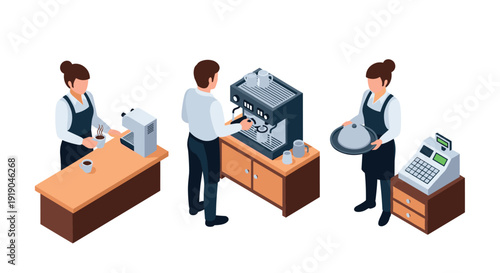 Cafeteria staff in isometric style with coffee machines and counter