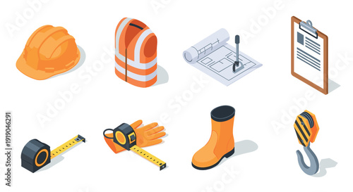 Isometric construction tools and safety gear set for builders and engineers