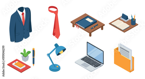 Isometric office essentials: business suit, desk, laptop, stationery, and accessories