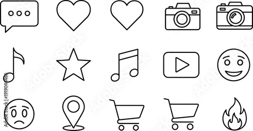 A comprehensive collection of modern outline stroke user interface and social media web icons for digital application design