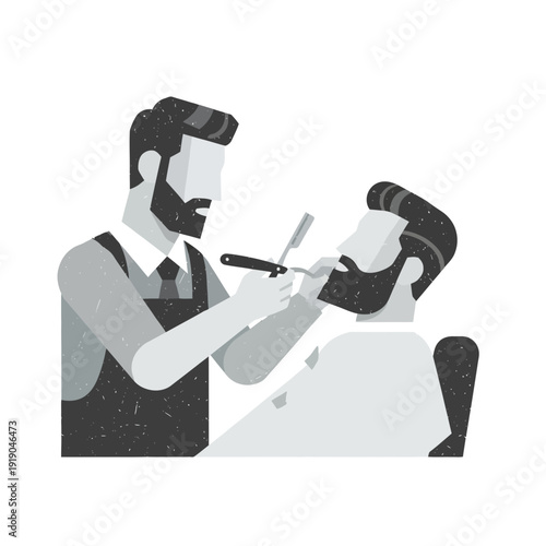 Barber shaving client with straight razor, flat design illustration