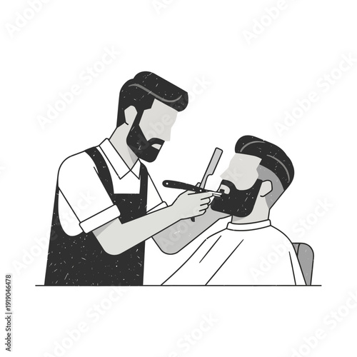 Barber shaving client's beard with straight razor, vector illustration