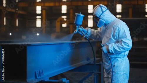 Worker painting metal beam in factory.