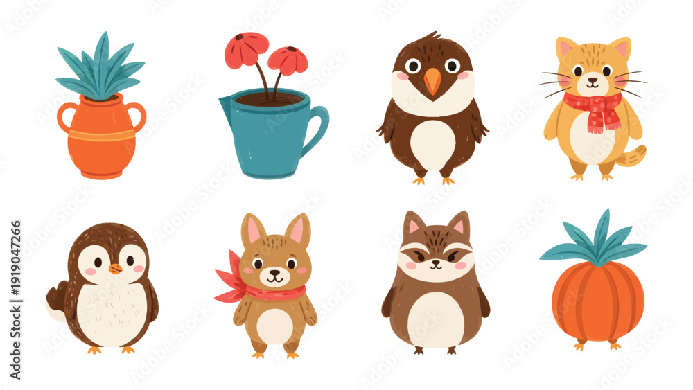 Obraz premium Whimsical menagerie and flora illustrations: A collection of cheerful illustrations presents a whimsical arrangement of stylized flora and charming fauna. Each element is bursting with personality.