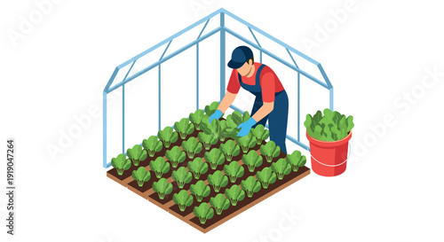 Isometric greenhouse gardening with farmer tending lettuce plants