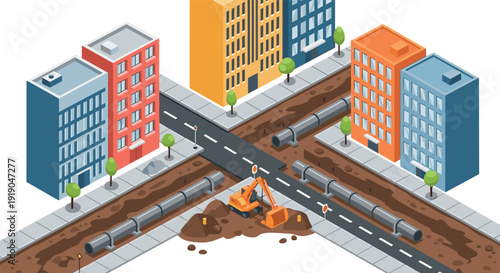 Urban infrastructure development with pipeline installation in isometric cityscape