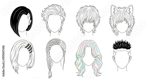 Collection of Diverse Hairstyles Illustrated in Black and White.