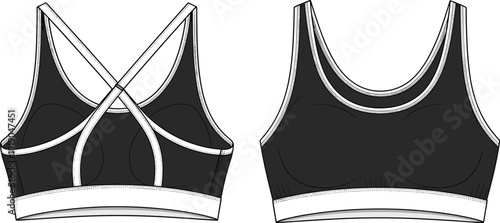 Sports bra technical illustration, front and back view, scoop neckline, racerback design, crisscross straps, adjustable straps, wide elastic band, garment construction, fashion design
