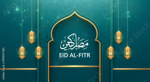Eid al fitr greeting card with islamic arch and lanterns decorations