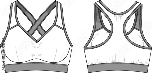 Sports bra technical illustration, front and back view, V-neckline, crisscross straps, racerback design, wide underband, contour seams, fabric panels, garment construction