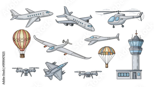 Aerial Fleet Illustration: A collection of various aircraft and aviation elements, presented in an illustrative style, showcasing the diversity of flight.