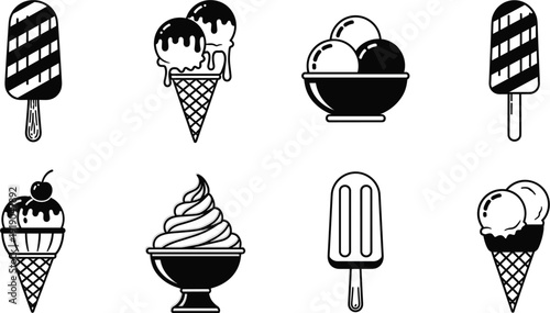  Minimalist Black Ice Cream Icons Vector Set with Popsicles Cones Sundaes Soft Serve Bowls and Scoops for Summer Dessert Cafe and Sweet Treat Designs