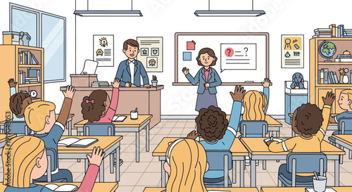 Diverse Students Raising Hands in Classroom with Teachers