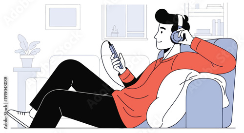 Man listening to music on headphones while relaxing on sofa with smartphone