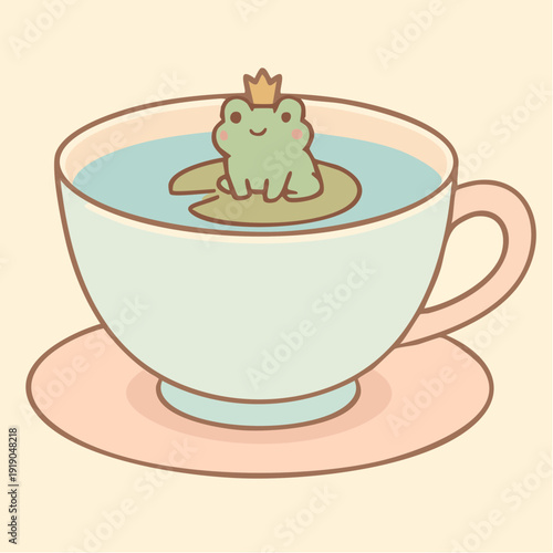 Giant porcelain tea cup pond with lily pads and royal frog wearing crown vector