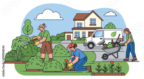 Gardening crew working on suburban house landscaping, trimming bushes, planting flowers.