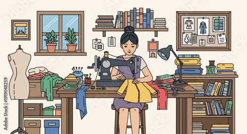 Woman sewing clothes in a cozy workshop with fabric and sewing machine