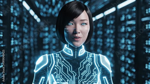 Futuristic Woman in Cybernetic Suit with Circuitry.