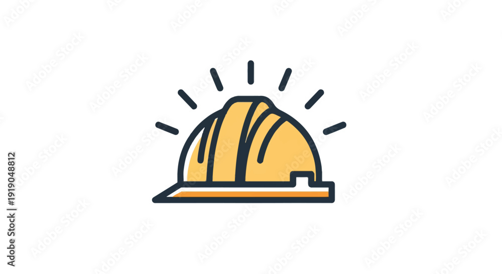 Fototapeta premium Yellow construction hard hat icon with light rays vector