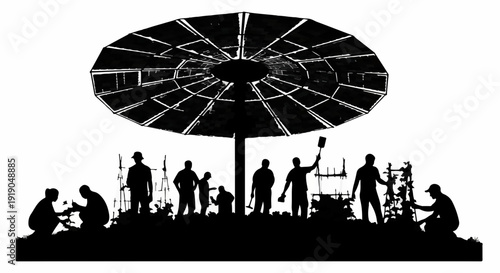Team of workers constructing a large solar panel array under a bright sky
