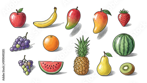 Assortment of Fruit: A vibrant illustration showcasing a colorful variety of fresh, ripe fruits, perfect for promoting healthy eating and nutrition.