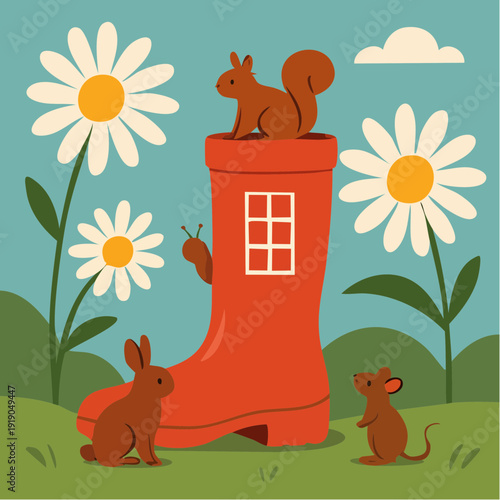 squirrel on a spring boot. Surreal red rain boot flower vase with tiny forest creatures and skyscraper daisies vector