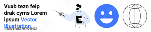 Education, global communication, digital interaction, teamwork, teaching, business learning. Person pointing to a clipboard, smiling face globe icon. Education and global communication concept