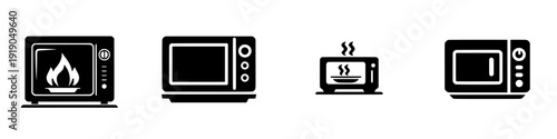 A symbolic representation of warmth and comfort, this black and white icon showcases a microwave with a flickering flame on its screen, evoking the coziness of home cooking.