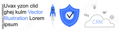 Business services, digital growth, CRM tools, cybersecurity, rocket launch, cloud technology. Rocket icon, shield with checkmark cloud labeled CRM. Digital growth and business services concept