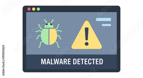 Malware Alert Notification on Computer Screen Displaying Bug and Warning Sign