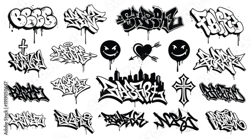 A collection of black and white graffiti tags and symbols