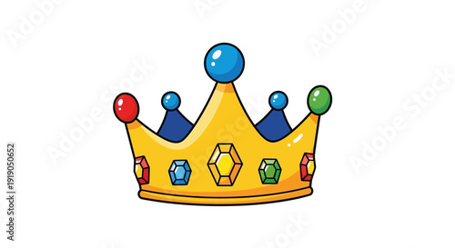 A cartoon crown with jewels and balls on a plain white background viewed from the front