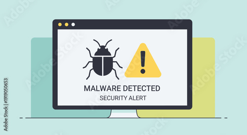 Computer screen displaying malware detection alert with bug icon and warning sign on desktop