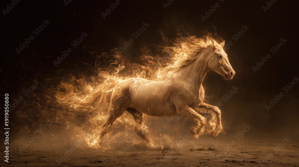 Fototapeta premium A fiery mythical horse in full gallop symbolizes empowerment, speed, and visionary growth.