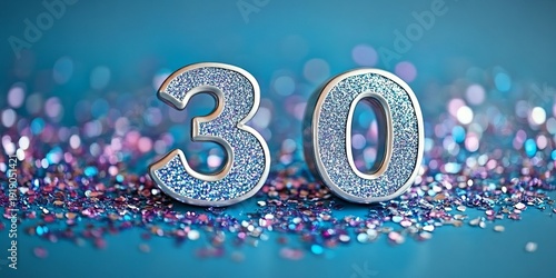 A festive thirtieth birthday celebration with elegant blue and purple decorations highlighting 30