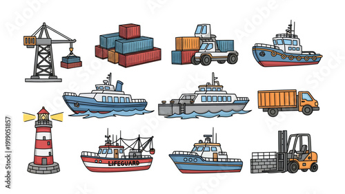 Shipping and Transport Icons: A collection of meticulously crafted icons depicting various aspects of shipping and transport, showcasing cargo ships, trucks, and the essential infrastructure involved.
