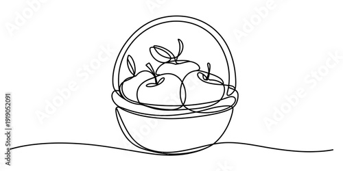 Minimalist continuous line drawing of a basket filled with fresh apples on a plain background Vector, illustration