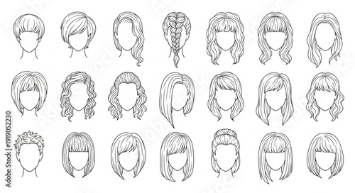 Collection of diverse hairstyles for women in sketch art style.