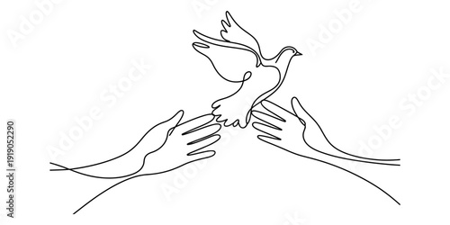 Minimalist continuous line drawing of a peace dove being released by hands over the earth