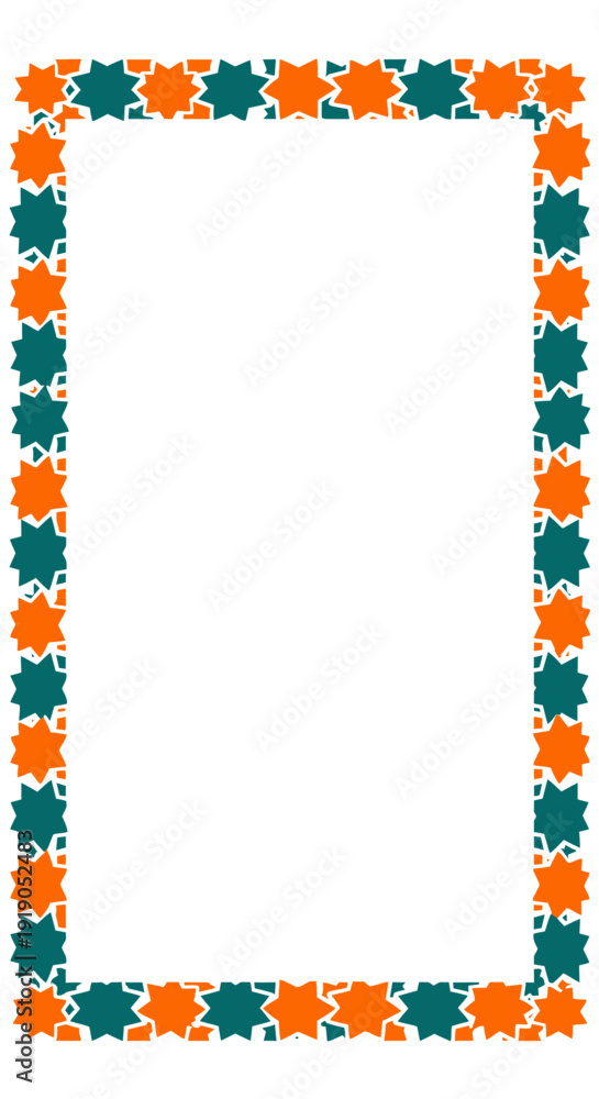 Fototapeta premium Rectangular frame border with alternating orange and teal 10pointed stars
