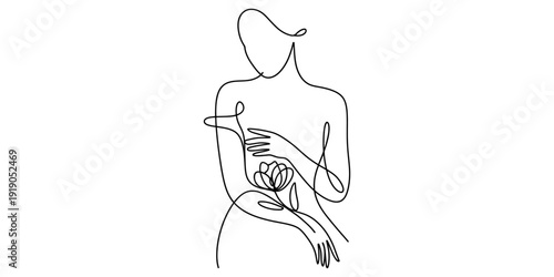Minimalist one line drawing of a woman holding a flower against her chest on white background Vector, illustration