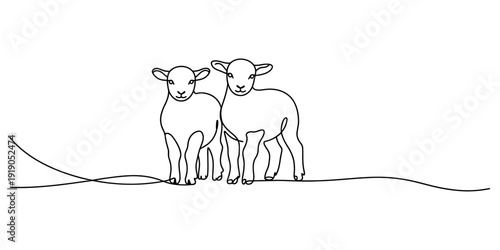 Minimalist line drawing of two cute little lambs standing together in a field on a white background.