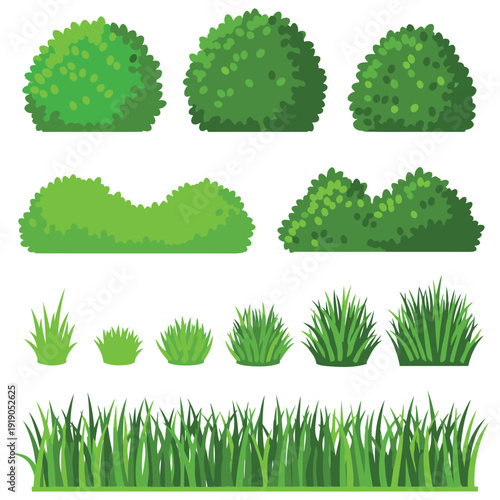 A collection of green bushes and grass in various shapes and sizes