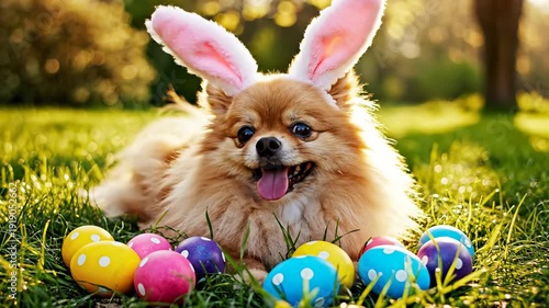 Happy Pomeranian Dog in Bunny Ears with Vibrant Easter Eggs on Sunny Green Grass