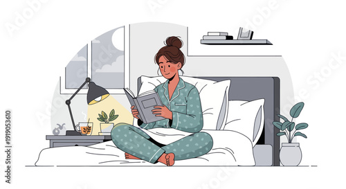 Woman reading book in bed at night, cozy pajamas, bedside lamp, calm atmosphere