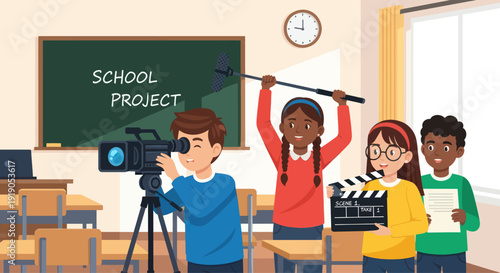 Children Filming School Project in Classroom with Camera and Boom Mic