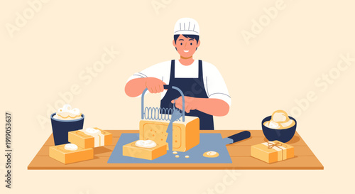 Baker Slicing Large Block of Butter with Wire Cutter